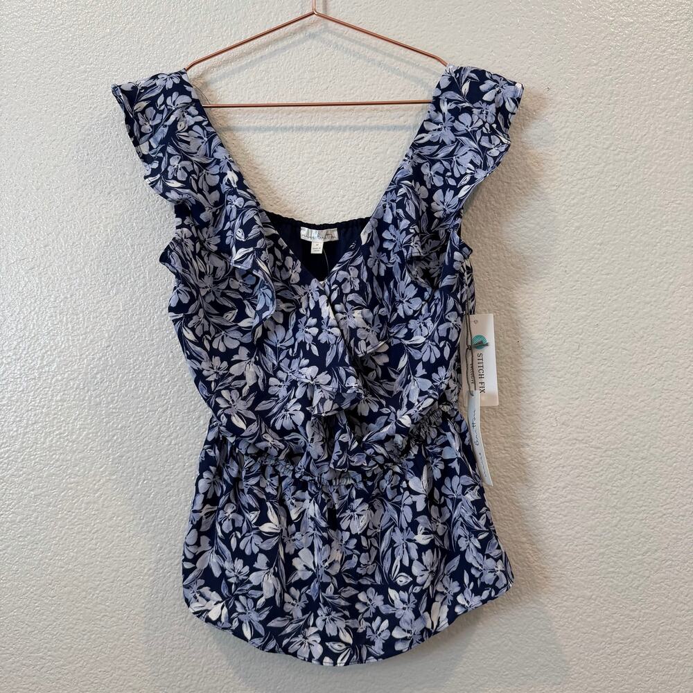 Stitch Fix Nine Britton Parker Ruffle Detail Blouse navy blue white floral print